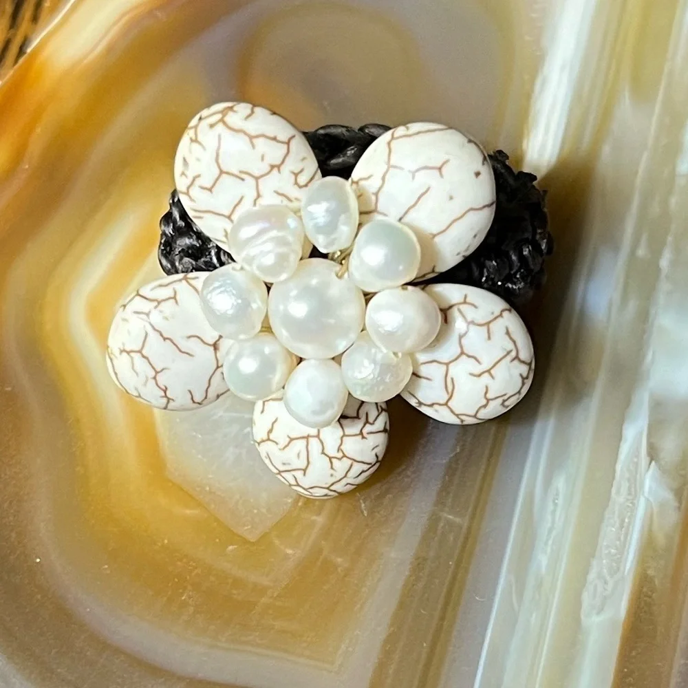 White Howlite/ Pearl Beaded Flower Braided Band Handmade Ring